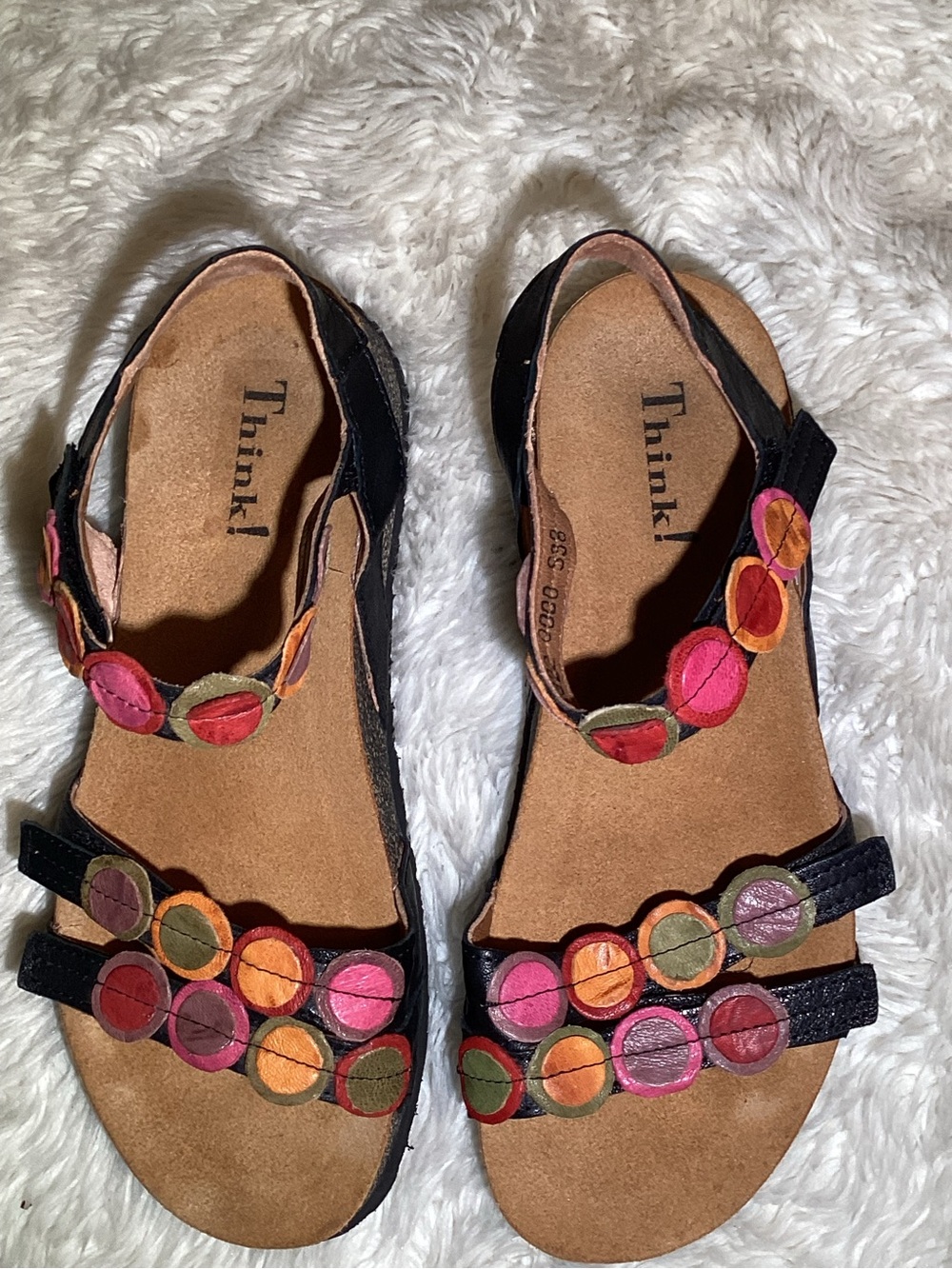 Think! Kaok Women's Black Sandals with Multicolor Circle Accents size 8